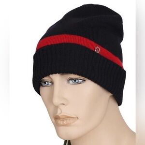 NEW GUCCI BLUE RED SIGNATURE COLOR INTERLOCKING LOGO LANA WOOL BEANIE HAT 58/MED